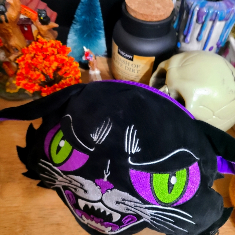 Kreepsville 666 black, purple, and green cat purse wristlet